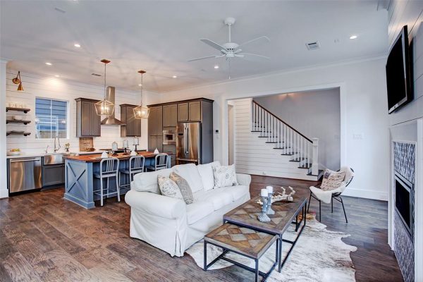 Farmhouse Modern Living Room, Kitchen and Staircase